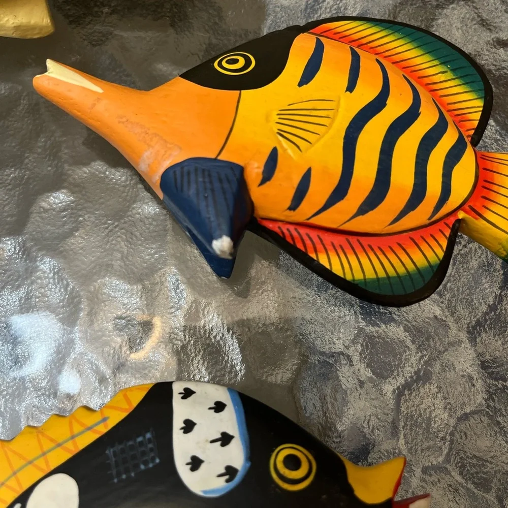 A Lot Of 7 Pier One wooden Hand Painted Colorful Fish Decorations